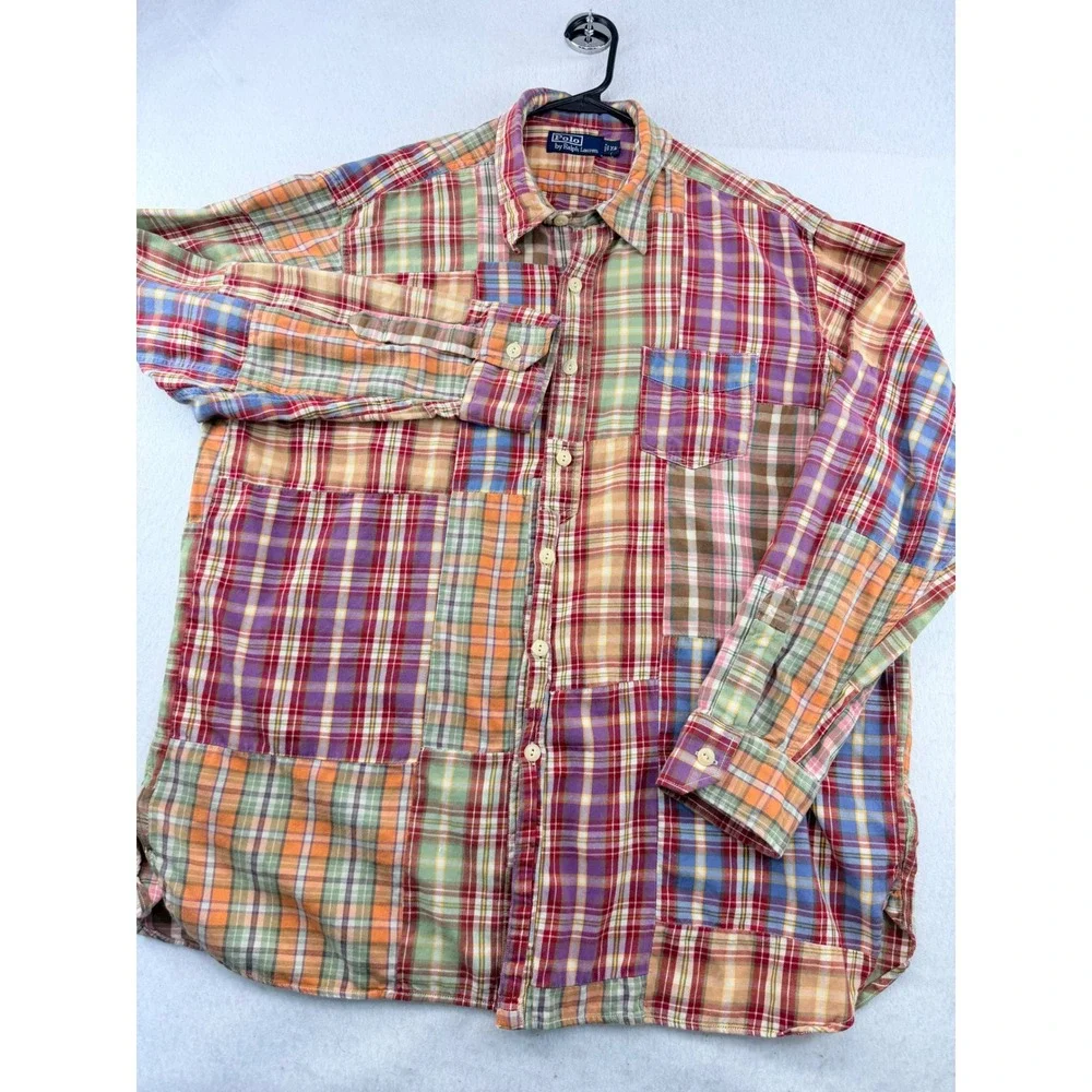 Polo Ralph Lauren Patchwork Madras Plaid Shirt Men XL Long Sleeve Multicolor